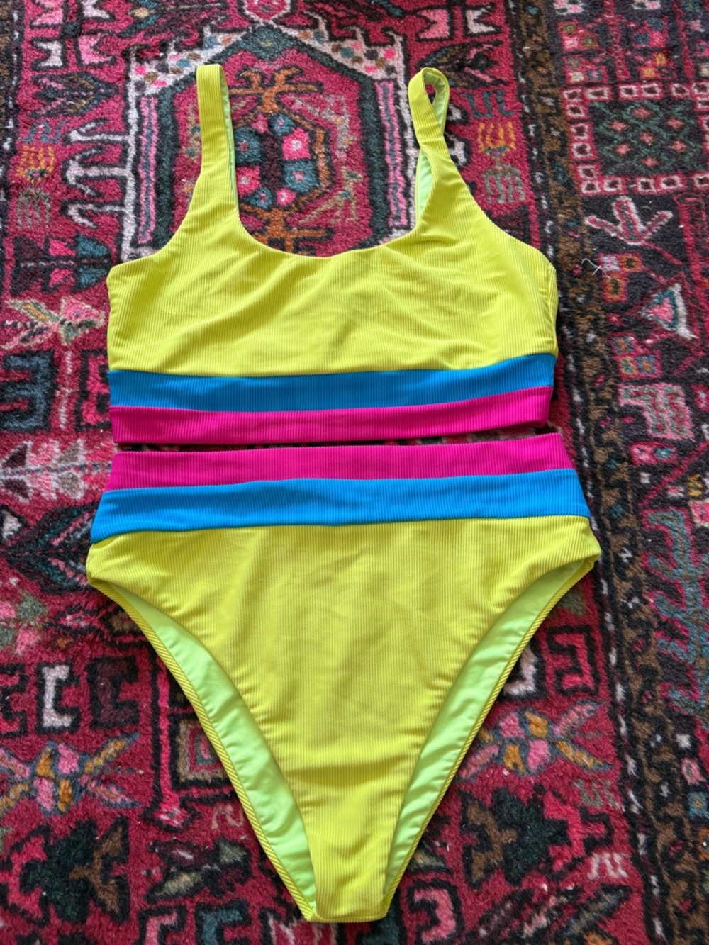 Beach Riot Heidi Two-Piece Bikini neon yellow Pink Aqua size large - Picture 3 of 10